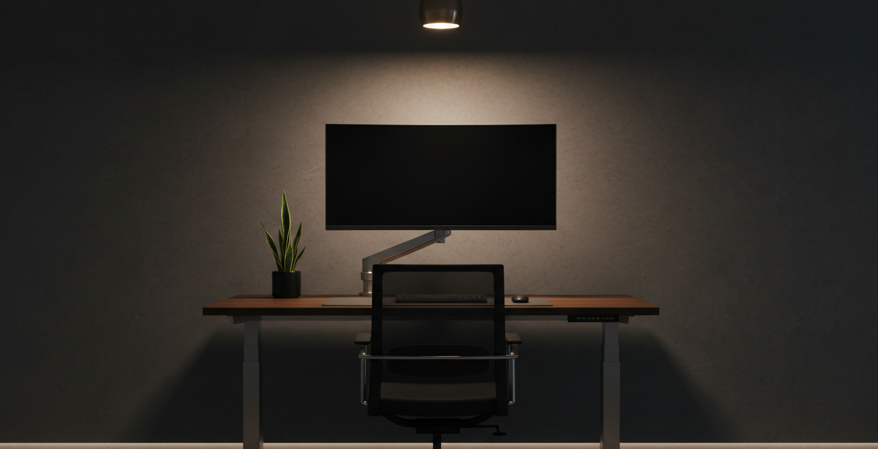 Create a hyperrealistic image of a standing desk centered in a modern office. This office should be dimly lit and the desk against a wall. The desk should have a monitor that is turned off on it as well as a chair in front.