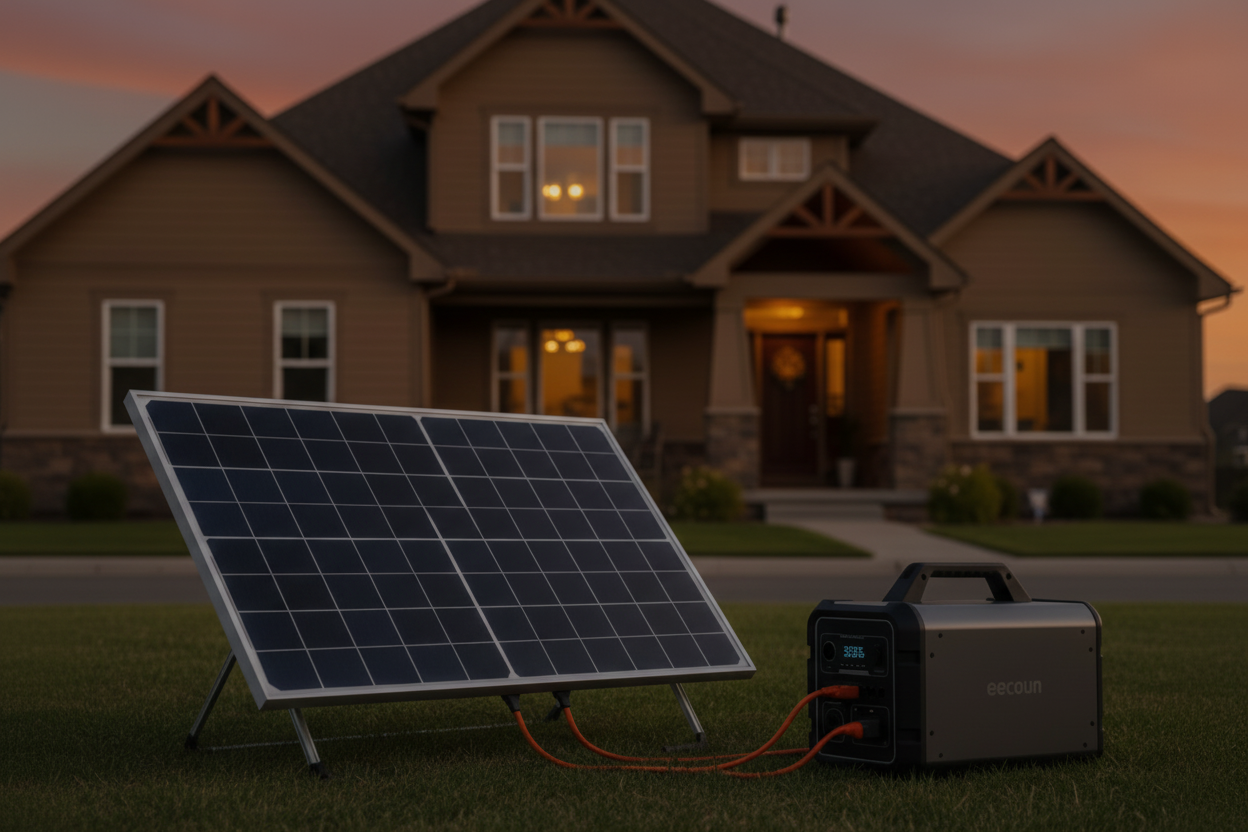 Create a very similar image in front of a nice, cozy house with the sunset