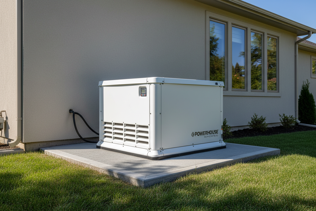 large electric generator outside home white box. hyperrealistic image